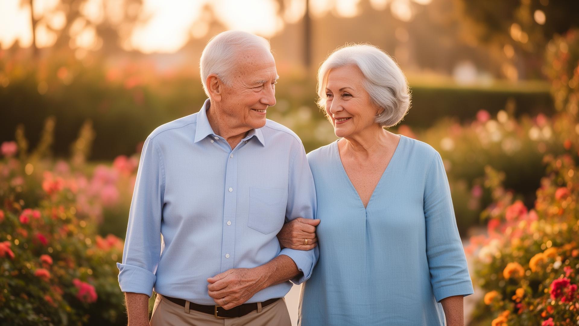 An older couple walking arm-in-arm through a sunlit garden, smiling warmly